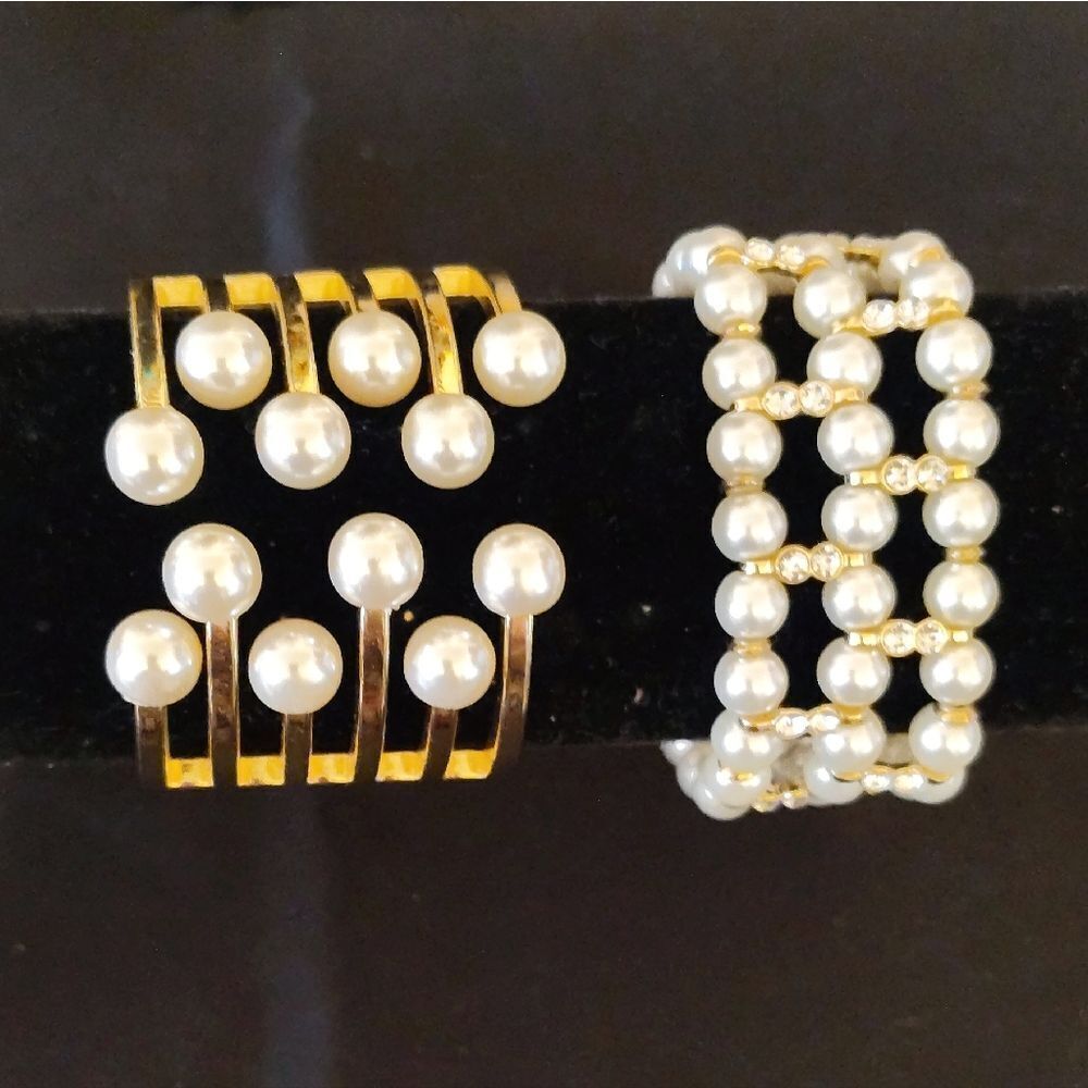 Formal Bracelets Bundle of 2 Gold White Pearls and Rhinestones